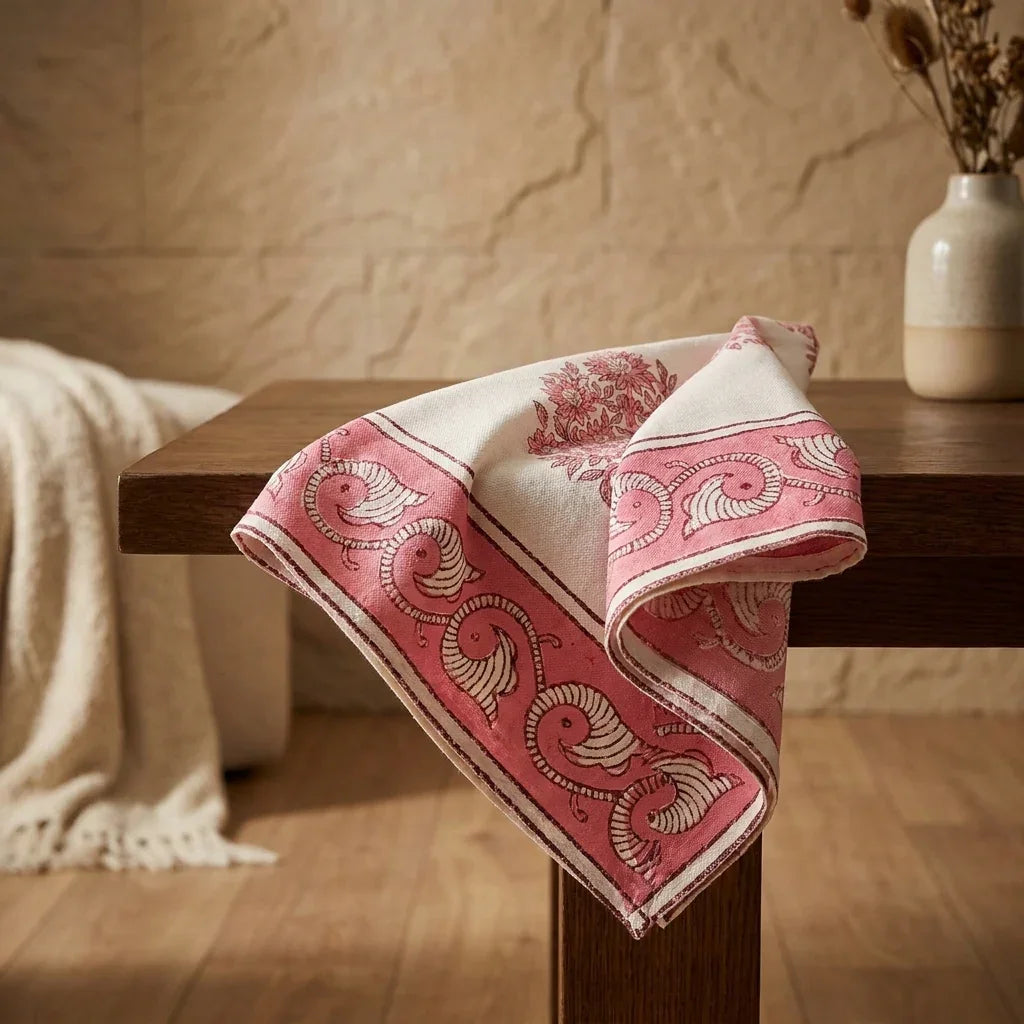 Blush Pink & Ivory table linen pattern corner detail | Jaipur handicraft aesthetics handmade table runners napkins table mats India natural colors hand block | House of Avana