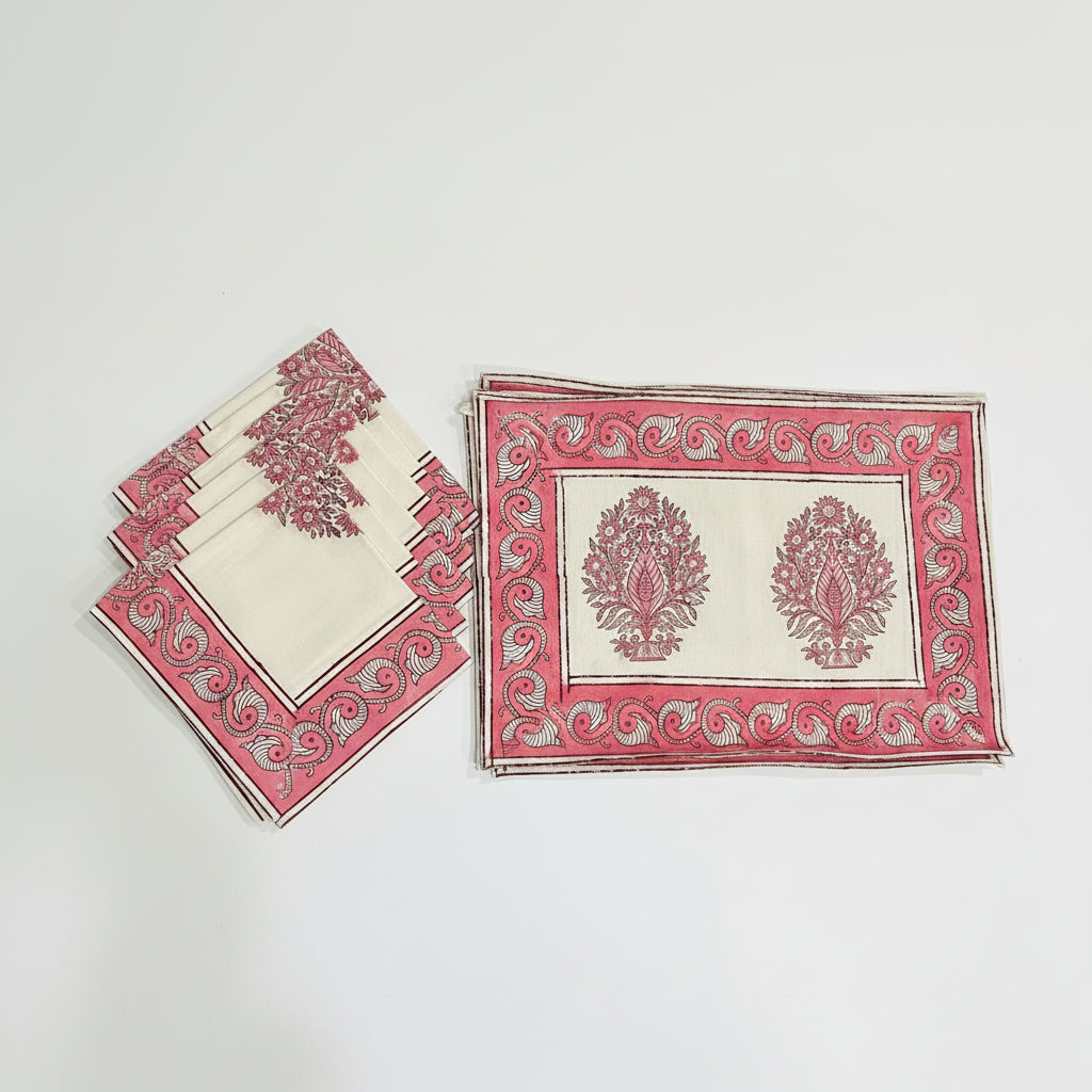 Blush Pink & Ivory Sanganer hand block printed table mats and napkins | handmade Jaipur handicraft table runners table mats napkins hand block India natural colors aesthetics | House of Avana