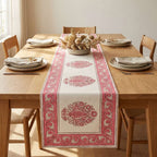 Blush Pink & Ivory table runner on oak dining table | hand block printed table runners napkins table mats Jaipur handmade handicraft India natural colors | House of Avana [[SKU:HOA-TR-BPIV-006]]