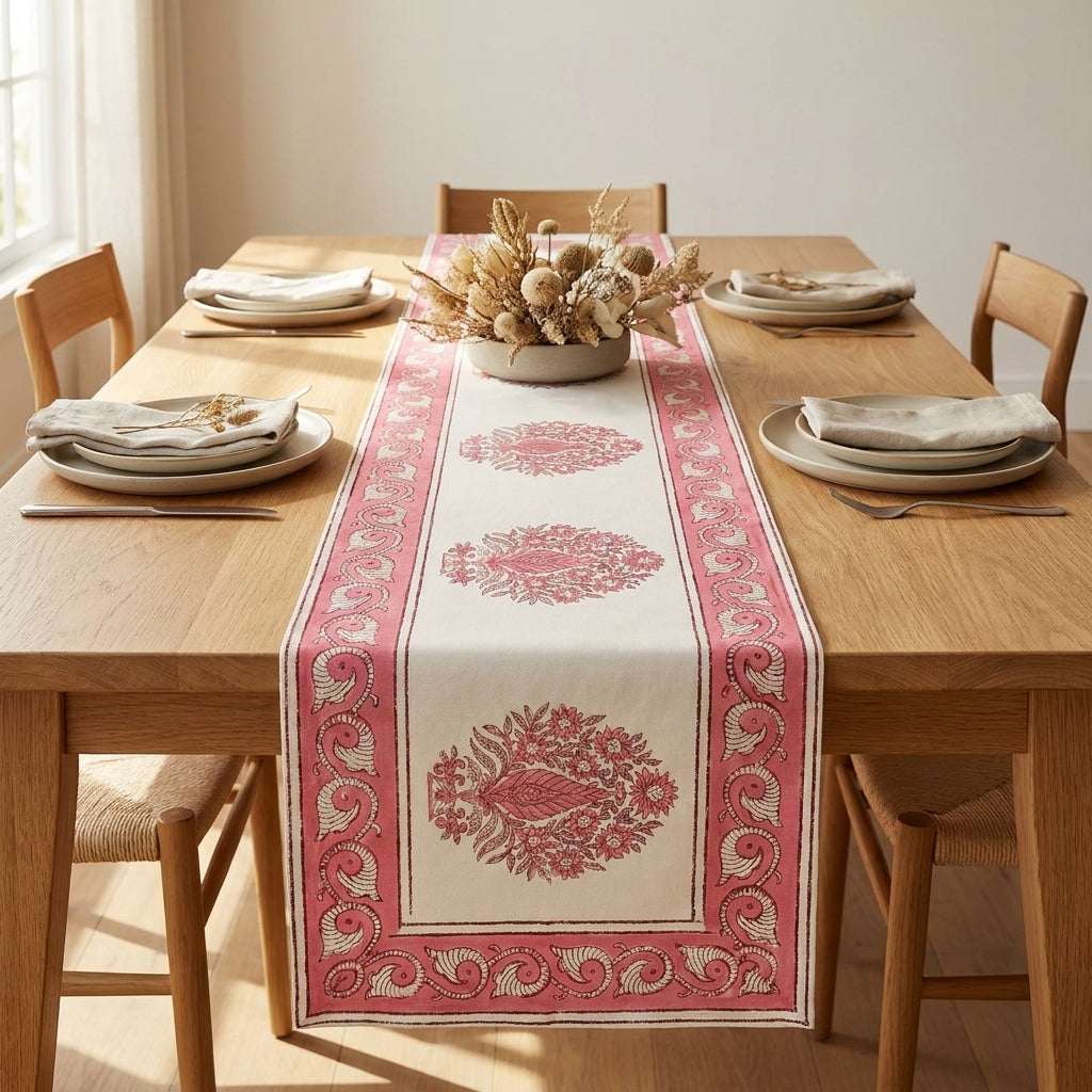 Blush Pink & Ivory table runner on oak dining table | hand block printed table runners napkins table mats Jaipur handmade handicraft India natural colors | House of Avana [[SKU:HOA-TR-BPIV-006]]
