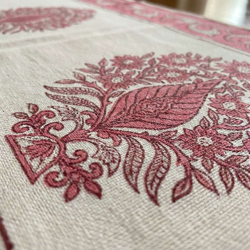 Blush Pink & Ivory Indian floral print fabric texture close-up | hand block printed table runners napkins table mats Jaipur handmade handicraft India natural colors | House of Avana [[SKU:HOA-TR-BPIV-006]]