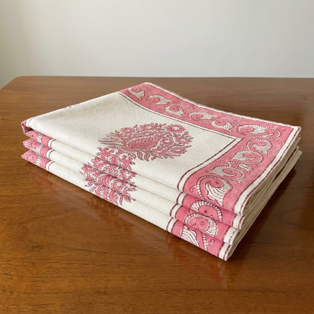 Blush Pink & Ivory hand block cotton table runner | India natural colors hand block table runners napkins table mats Jaipur handmade aesthetics handicraft | House of Avana