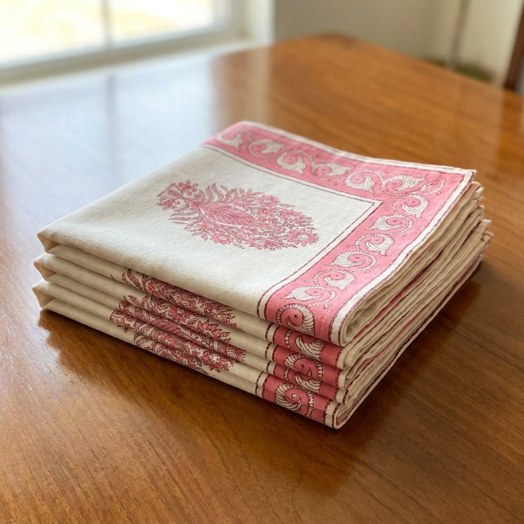 Blush Pink & Ivory hand block cotton table runner | Jaipur handicraft aesthetics handmade table runners napkins table mats India natural colors hand block | House of Avana