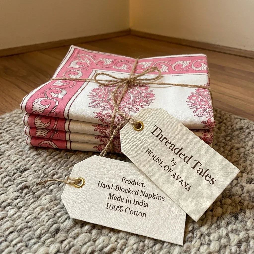 Blush Pink & Ivory cotton napkins with artisan product tags | India natural colors hand block table runners napkins table mats Jaipur handmade aesthetics handicraft | House of Avana