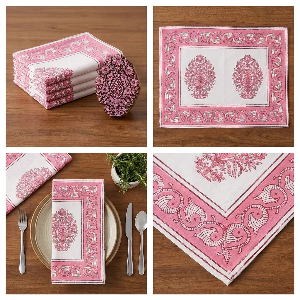 Blush Pink & Ivory Jaipur hand block printed cotton napkins set of 6 | Jaipur handicraft aesthetics handmade table runners napkins table mats India natural colors hand block | House of Avana