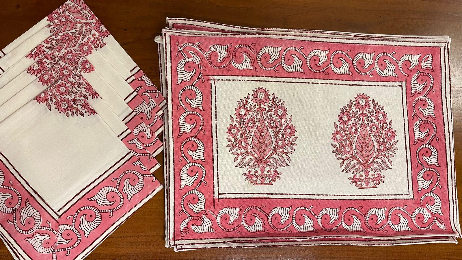 Blush Pink & Ivory handmade 13-piece cotton table linen set | hand block printed table runners napkins table mats Jaipur handmade handicraft India natural colors | House of Avana