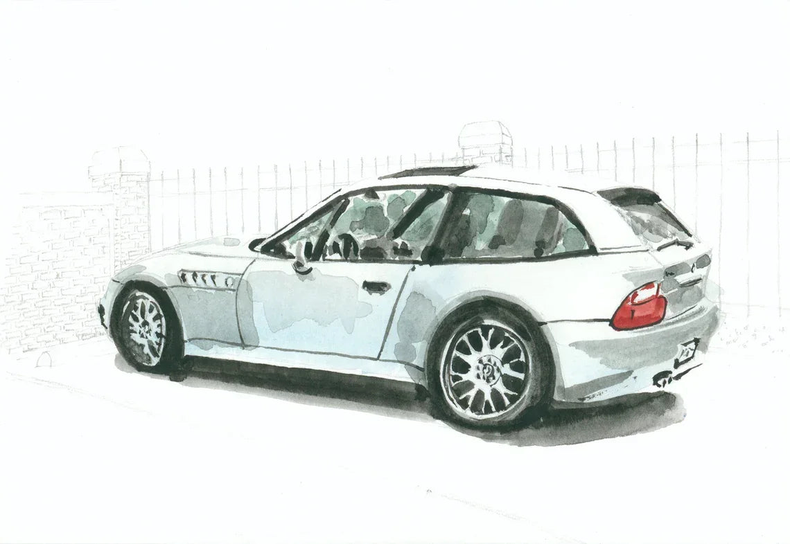 Bmw Z3 M Coupe Painting, 5x7 Watercolor Print, Washington Heights, Classic Car, front view - House Of Avana