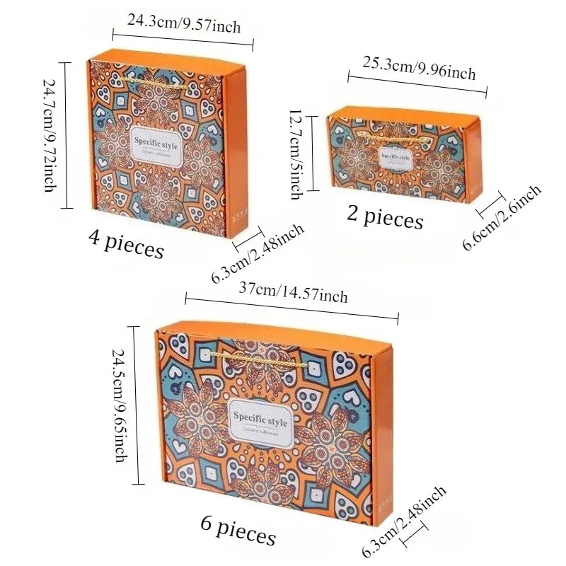 Bohemian style blue and white porcelain bowl and chopsticks gift set in decorative orange boxes.