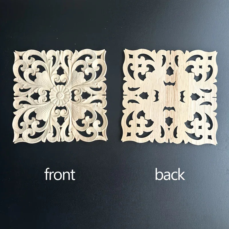 Natural rubberwood wall plaque with intricate floral carvings, unfinished wooden decor - House of Avana