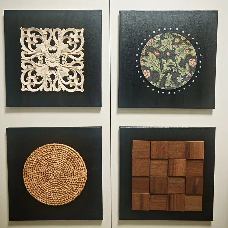 Natural rubberwood wall plaque with intricate floral carvings, unfinished wooden decor - House of Avana