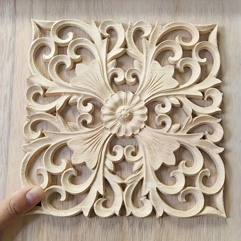 Natural rubberwood wall plaque with intricate floral carvings, unfinished wooden decor - House of Avana