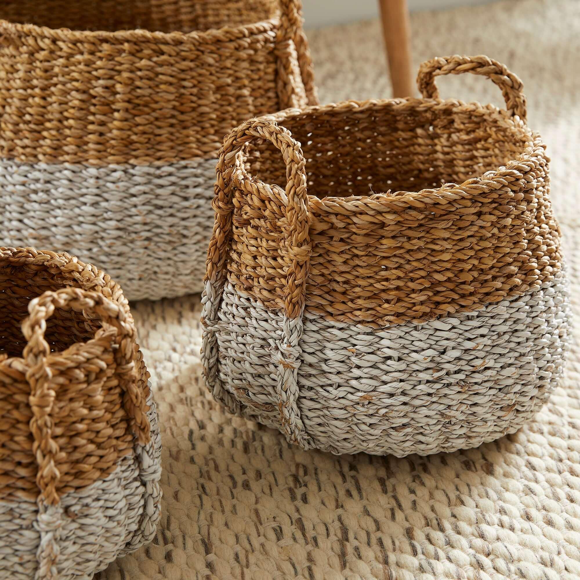 Boho Coastal Storage Baskets with Handles (set of 3), back view - House Of Avana