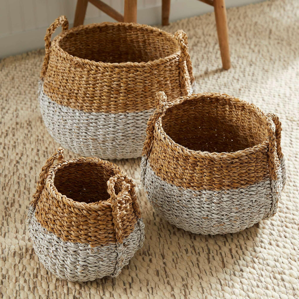 Boho Coastal Storage Baskets with Handles (set of 3), front view - House Of Avana