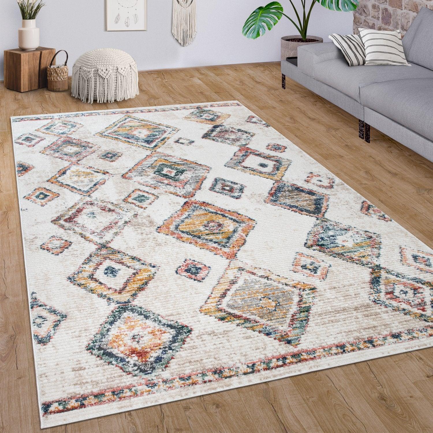 Boho Rug Cream Colorful Ethnic Diamond Pattern Ripped Design RugYourHome