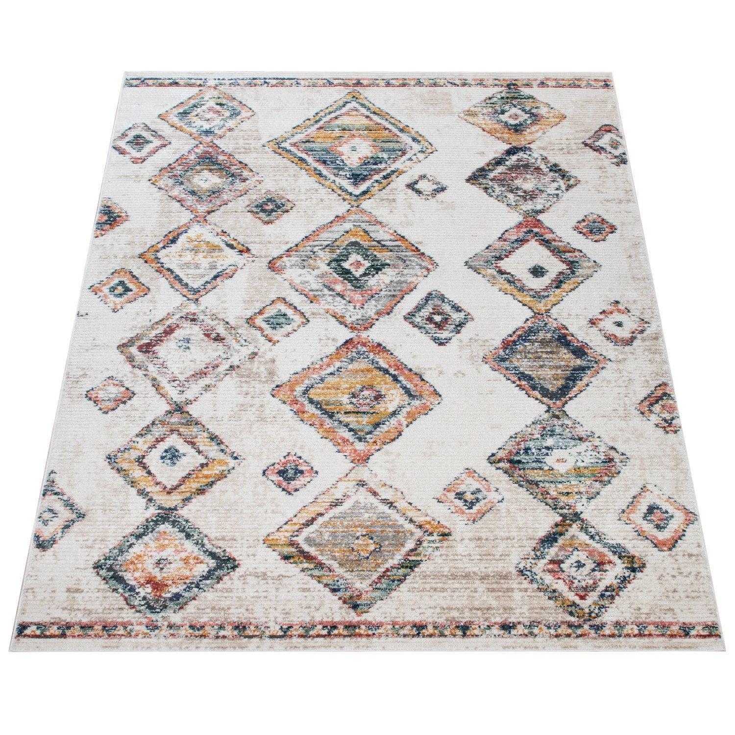 Boho Rug Cream Colorful Ethnic Diamond Pattern Ripped Design RugYourHome
