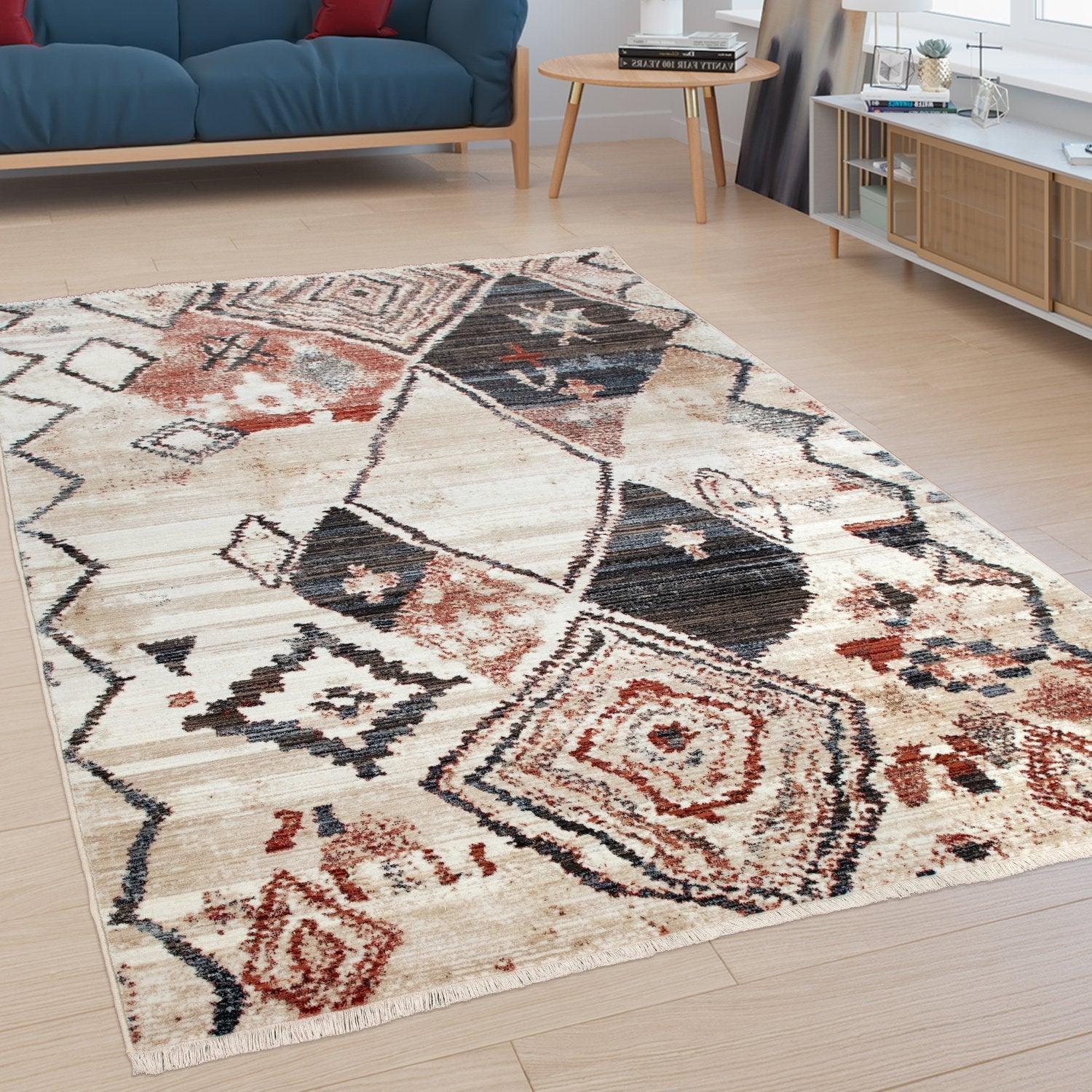 Boho Rug For Living Rooms Diamond Pattern Red Cream RugYourHome