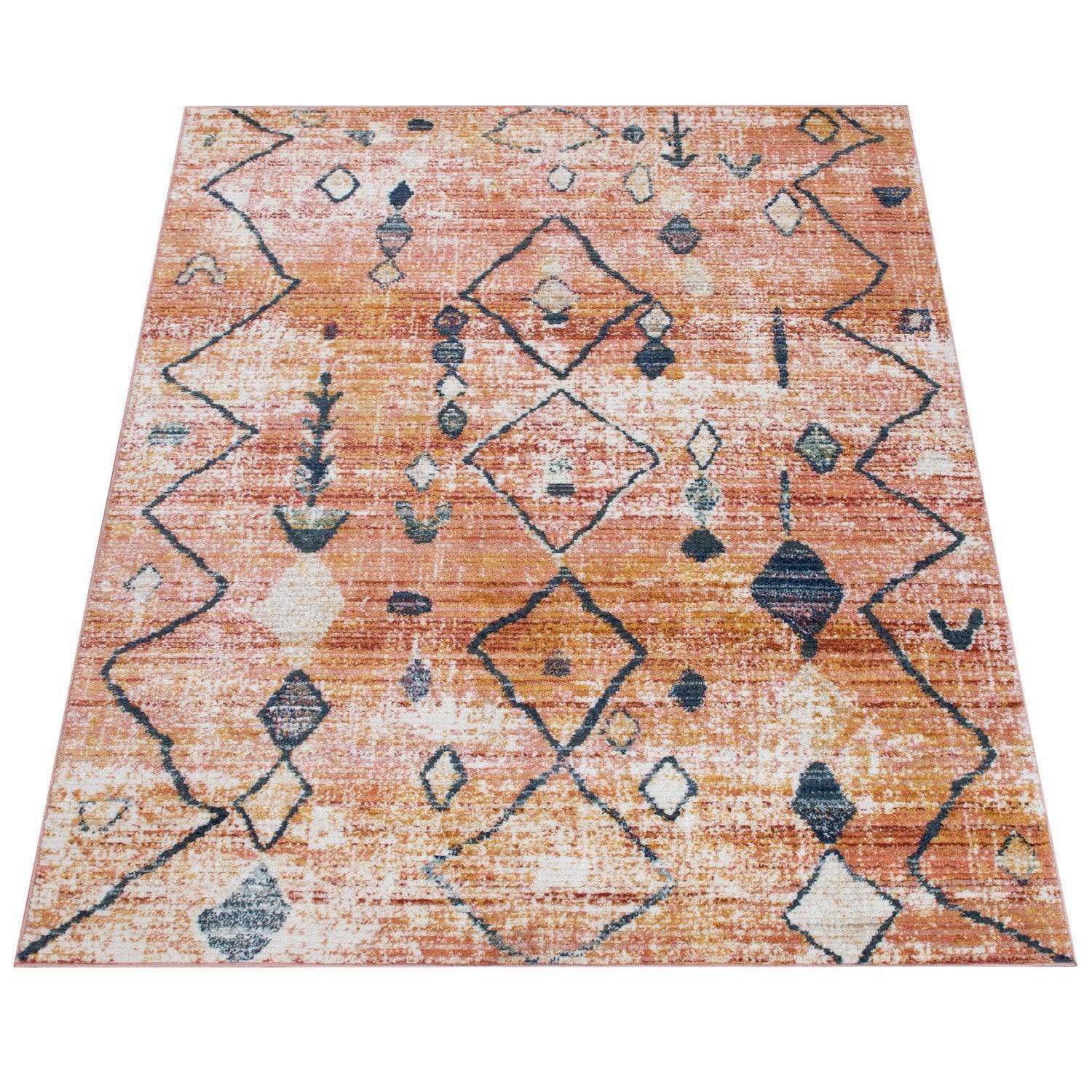Red ethnic rug with diamond pattern, ripped design - House of Avana
