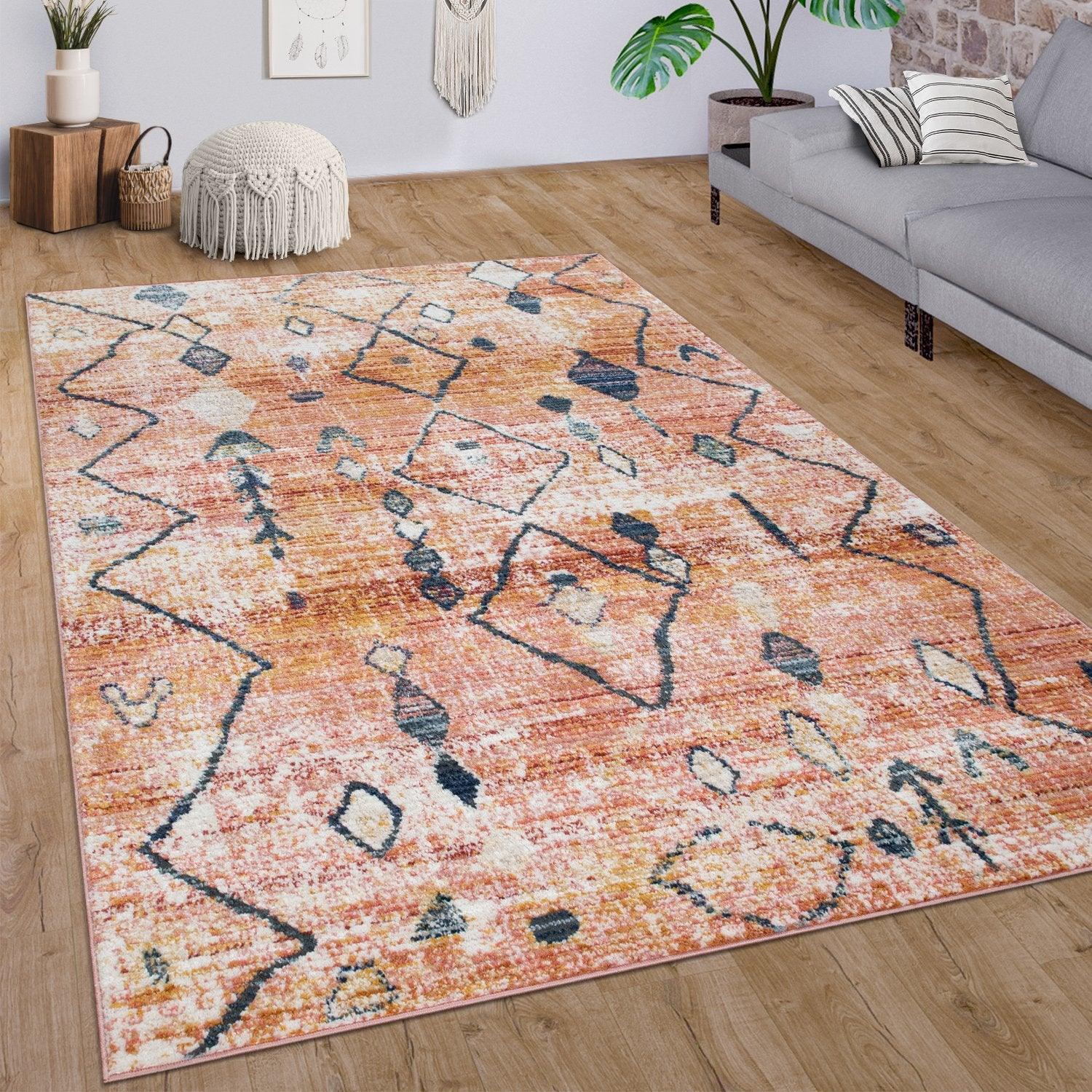 Red ethnic rug with diamond pattern, ripped design - House of Avana