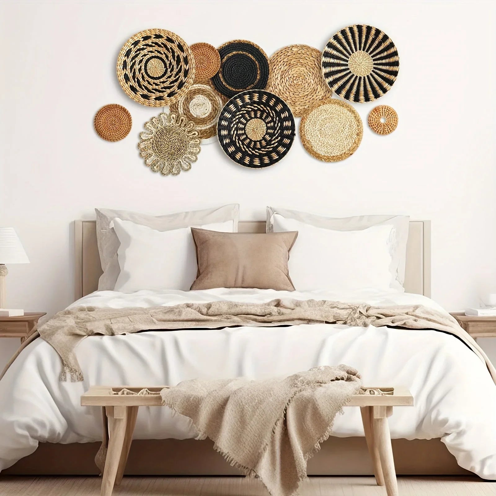 Woven wicker baskets in natural brown, handmade round boho decor - House of Avana