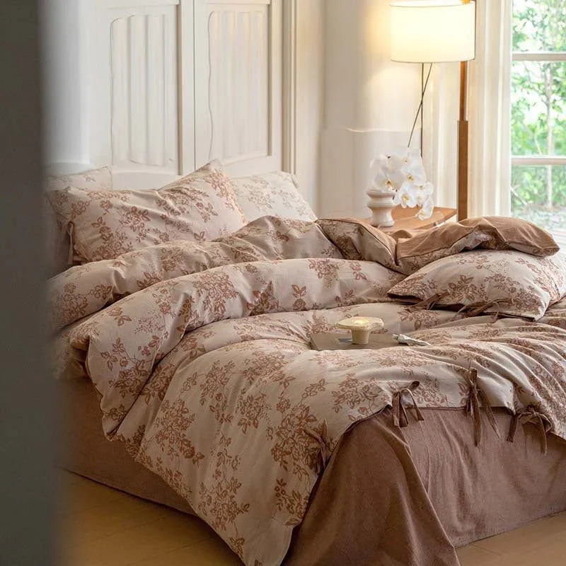 Bonnie Ribbon Bow Tie Floral Bedding Set / Brown Ever Lasting
