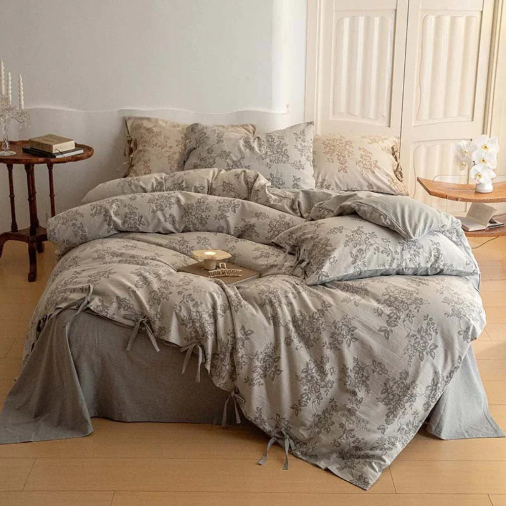 Bonnie Ribbon Bow Tie Floral Bedding Set / Khaki Ever Lasting