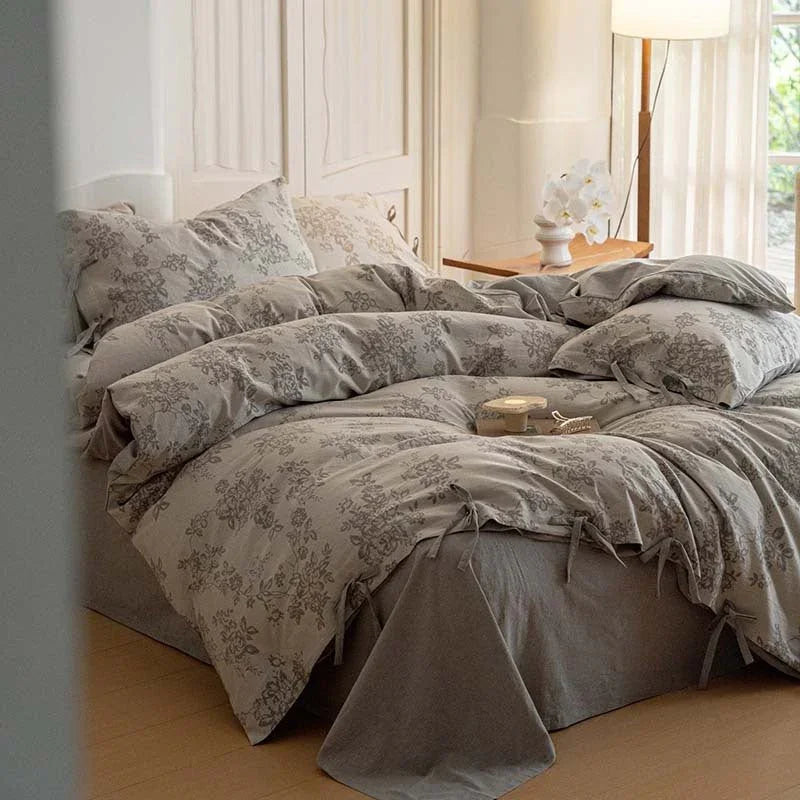 Bonnie Ribbon Bow Tie Floral Bedding Set / Light Gray Ever Lasting
