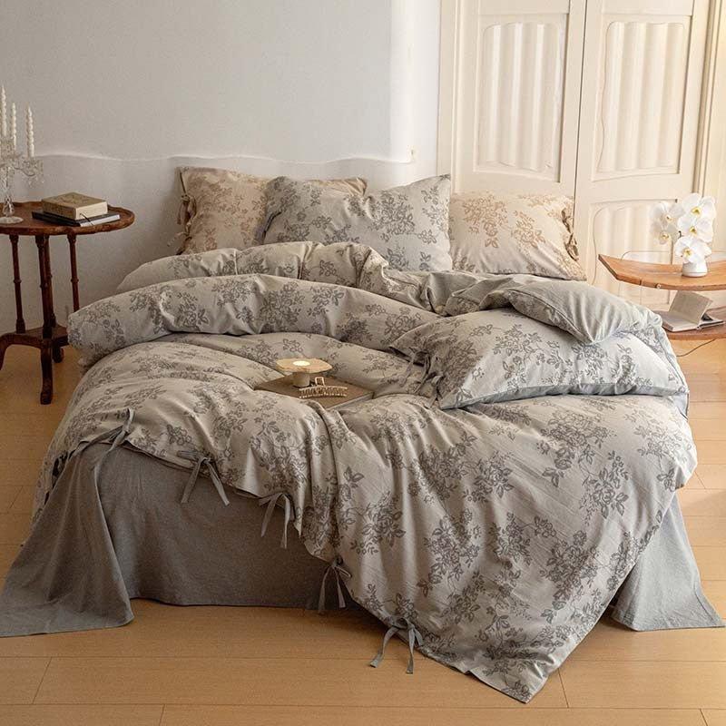 Bonnie Ribbon Bow Tie Floral Bedding Set / Light Gray Ever Lasting
