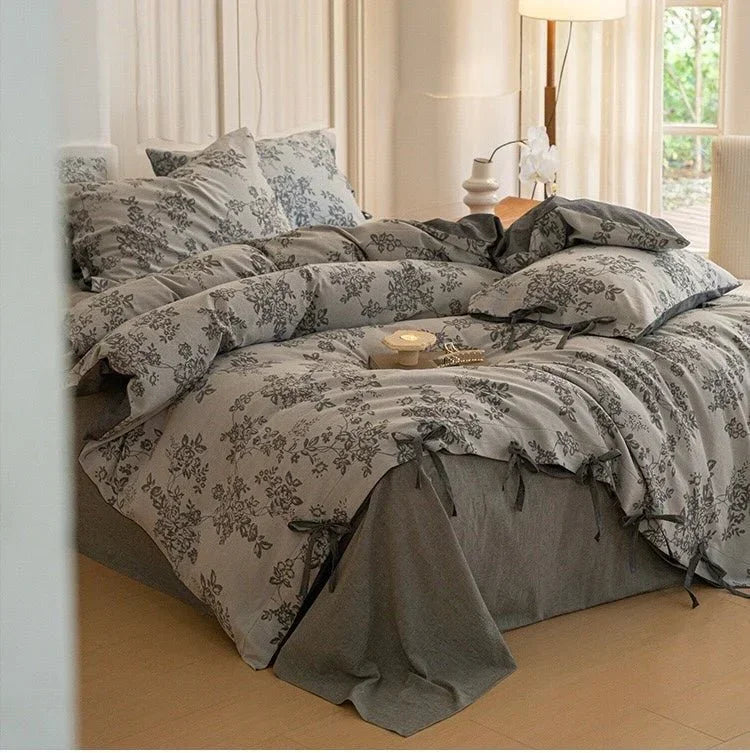Bonnie Ribbon Bow Tie Floral Bedding Set / Light Gray Ever Lasting