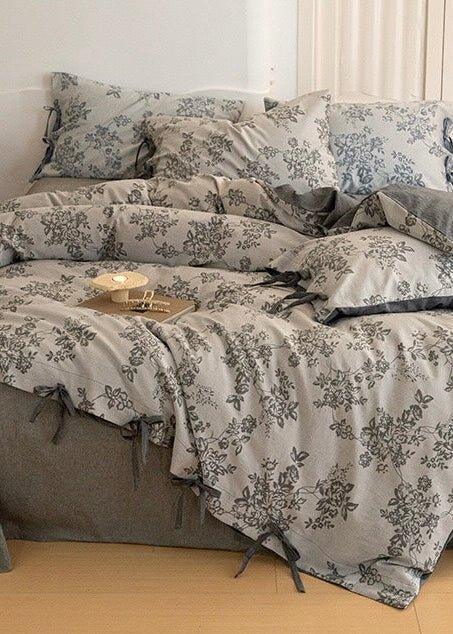 Bonnie Ribbon Bow Tie Floral Bedding Set / Light Gray Ever Lasting