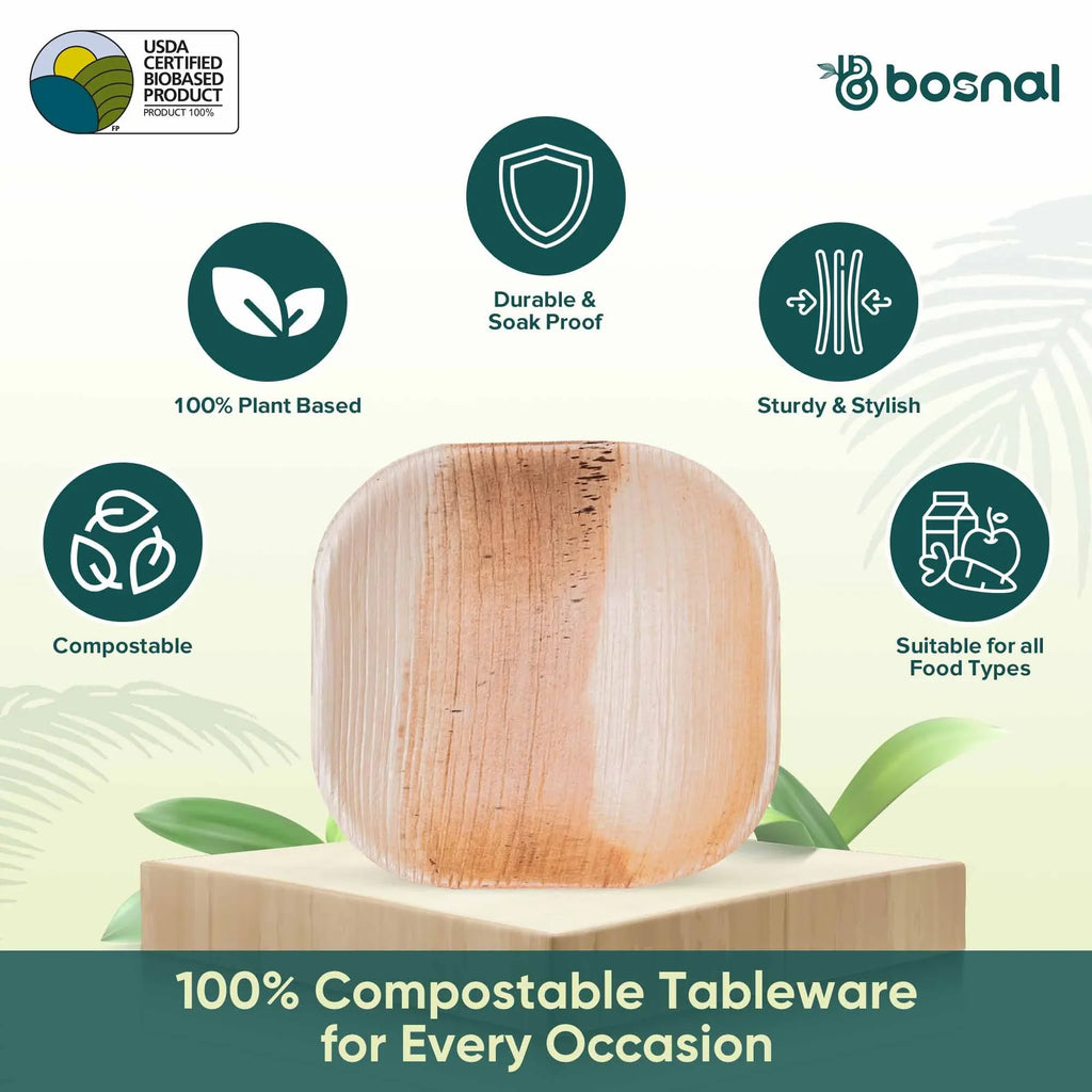 Bosnal - Palm Leaf Biodegradable Plates, 4 inch, Square Bosnal