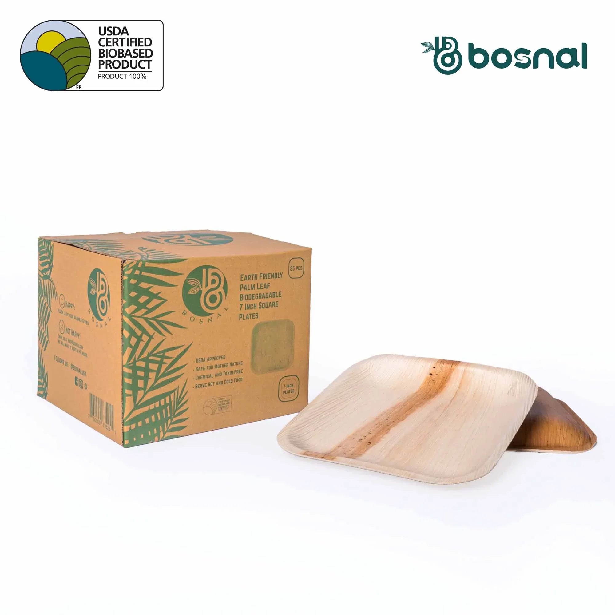 Bosnal - Palm Leaf Biodegradable Plates; 7 inch, Square Bosnal