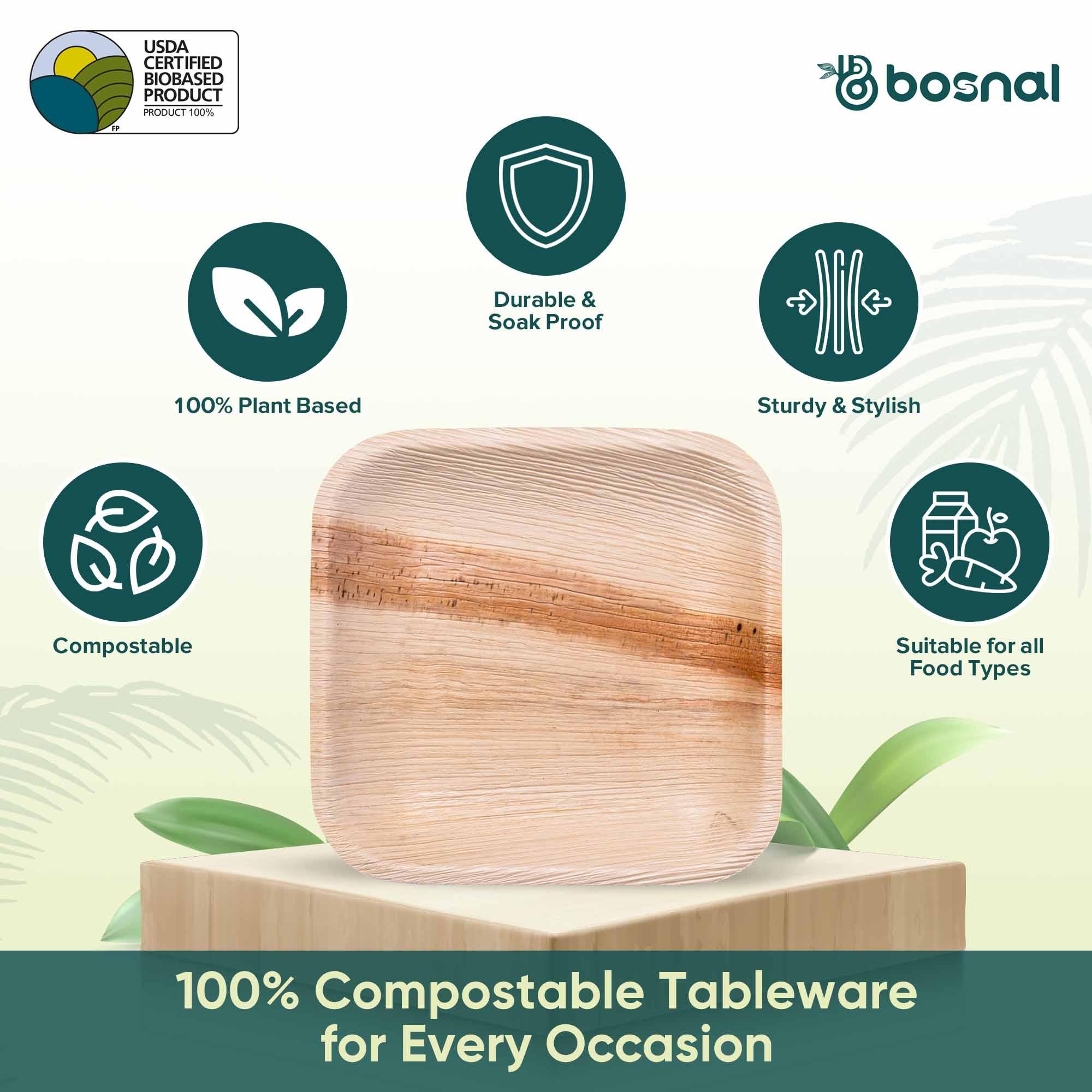 Bosnal - Palm Leaf Biodegradable Plates; 7 inch, Square Bosnal