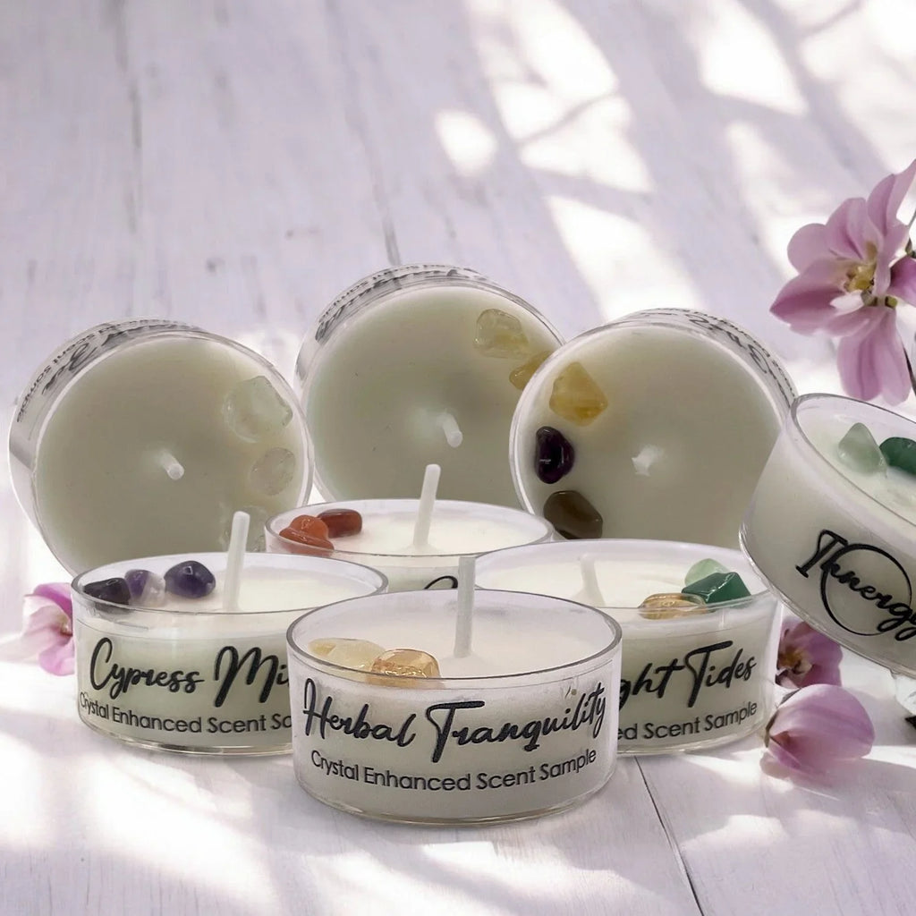 Clear glass tea light holder with crystal and white coconut-soy wax candle, botanical scent - House of Avana