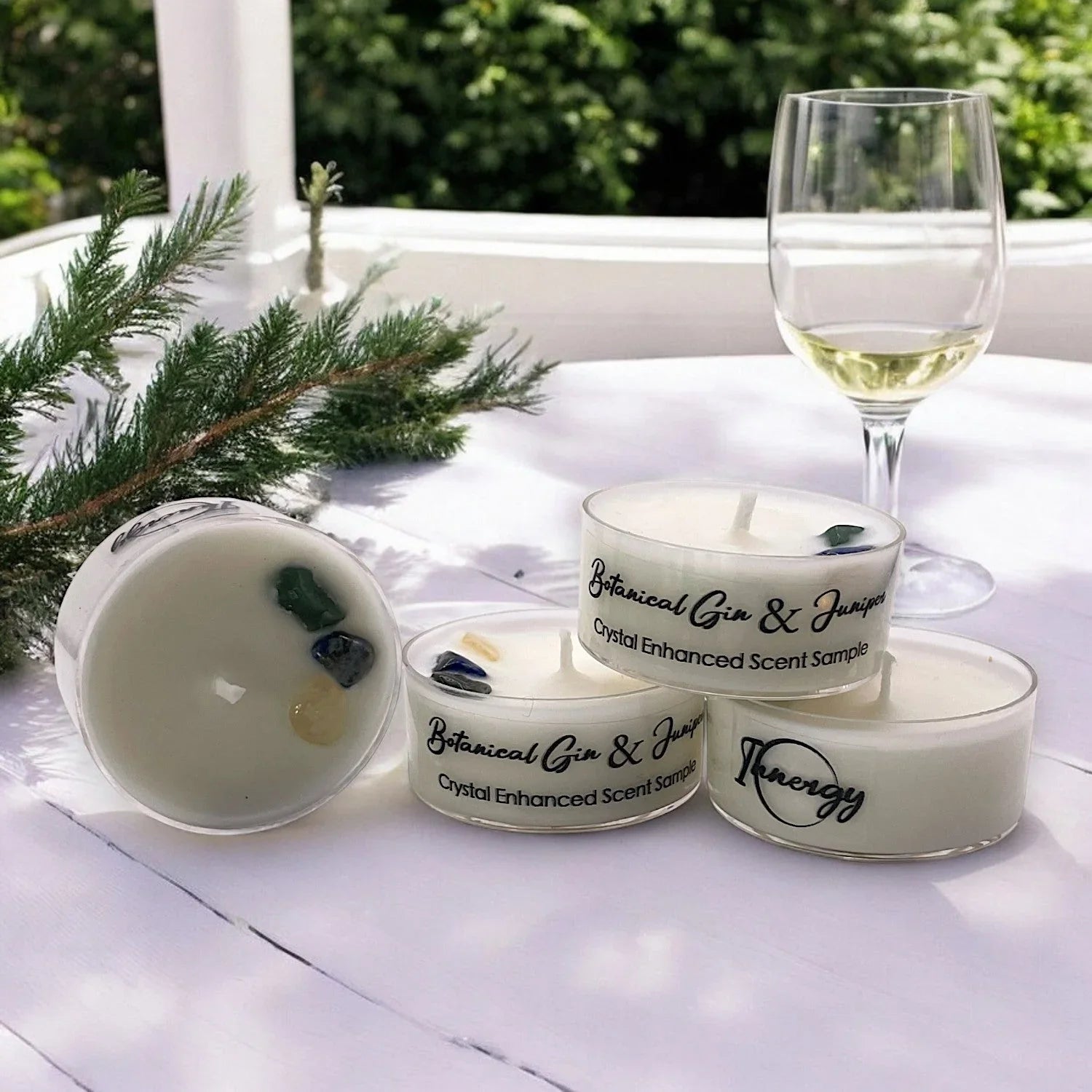 Clear glass tea light holder with crystal and white coconut-soy wax candle, botanical scent - House of Avana