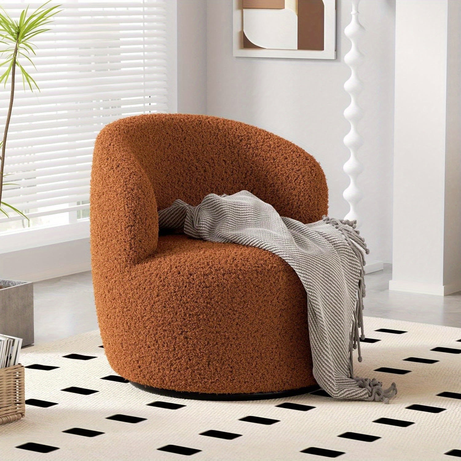 Modern Boucle Swivel Barrel Chair - No Assembly Required, 360-Degree Swivel Base, Plush Upholstered Seat with Soft Foam Padding, Easy-Clean Fabric Armchair for Living Room, Office, Bedroom - Brown Accent Chair, Wingback Desig House Of Avana