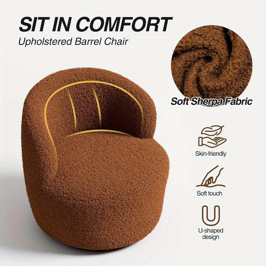 Brown boucle accent chair with 360-degree swivel base, upholstered in textured fabric - House of Avana