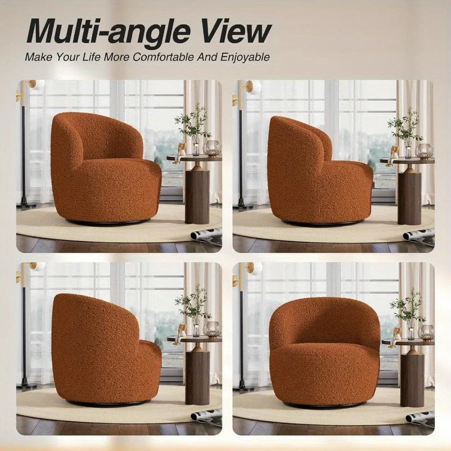 Brown boucle accent chair with 360-degree swivel base, upholstered in textured fabric - House of Avana