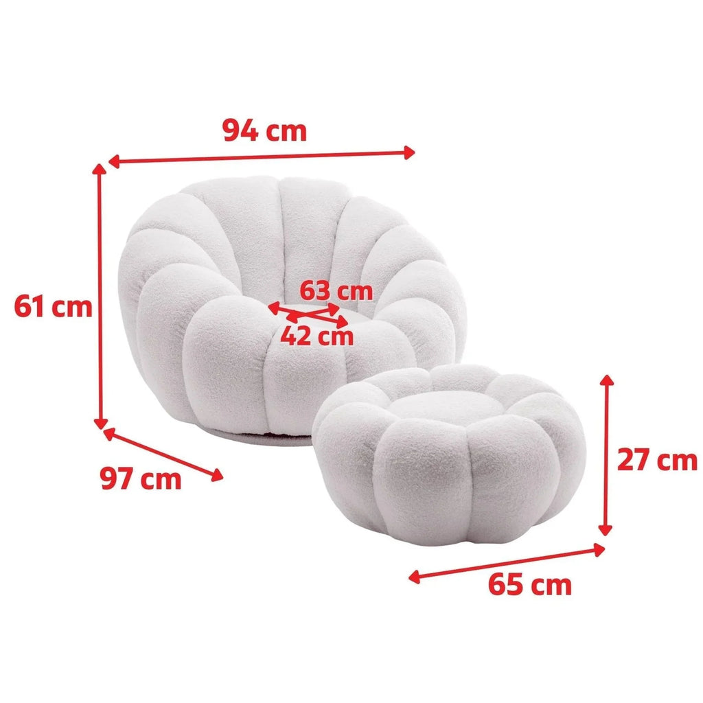 Teddy Boucle Fabric White 1 Seater Swivel Sofa with Footstool MIRIELLE House Of Avana