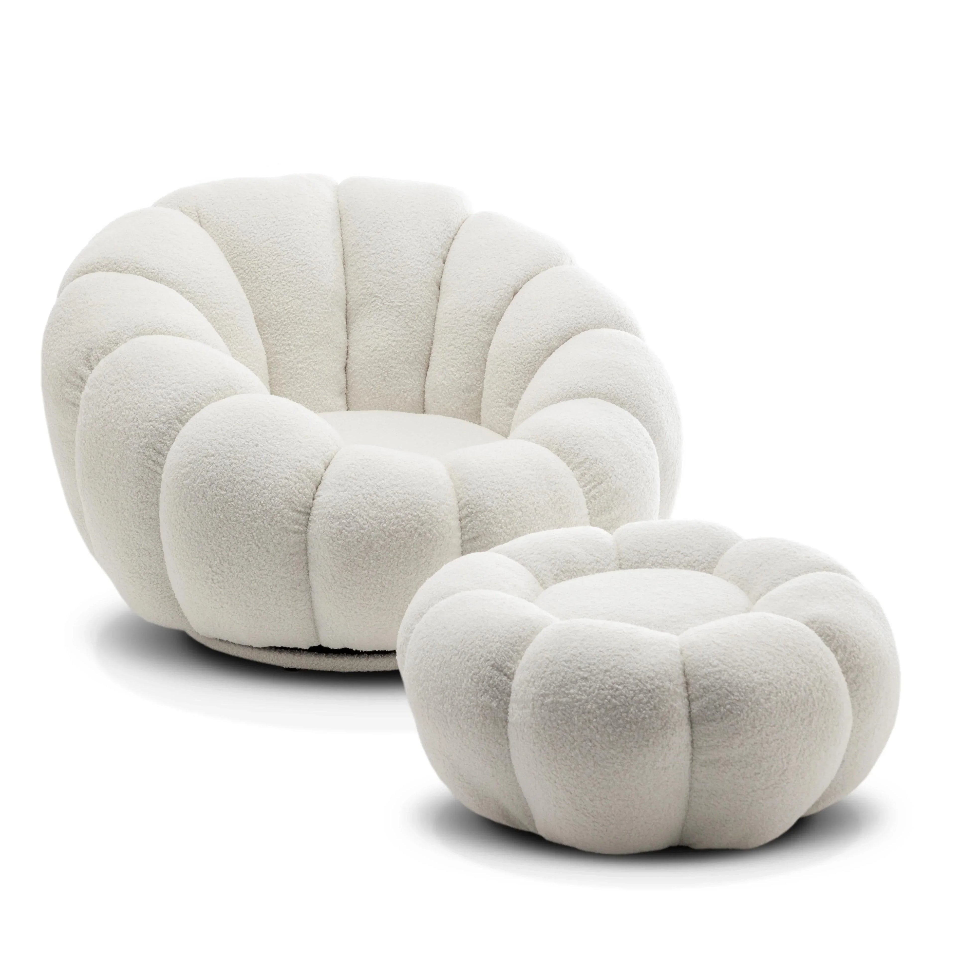 Teddy Boucle Fabric White 1 Seater Swivel Sofa with Footstool MIRIELLE House Of Avana