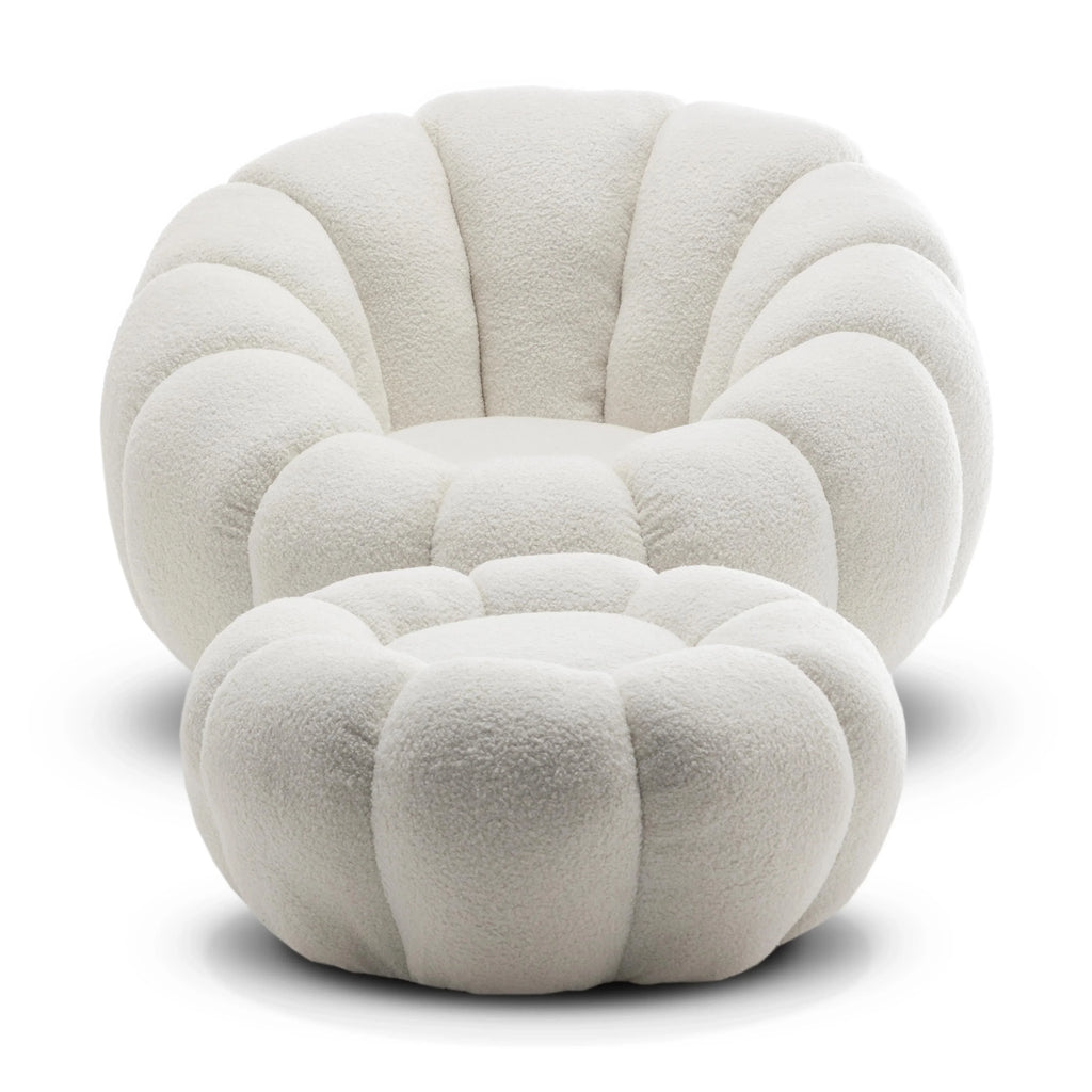 Teddy Boucle Fabric White 1 Seater Swivel Sofa with Footstool MIRIELLE House Of Avana
