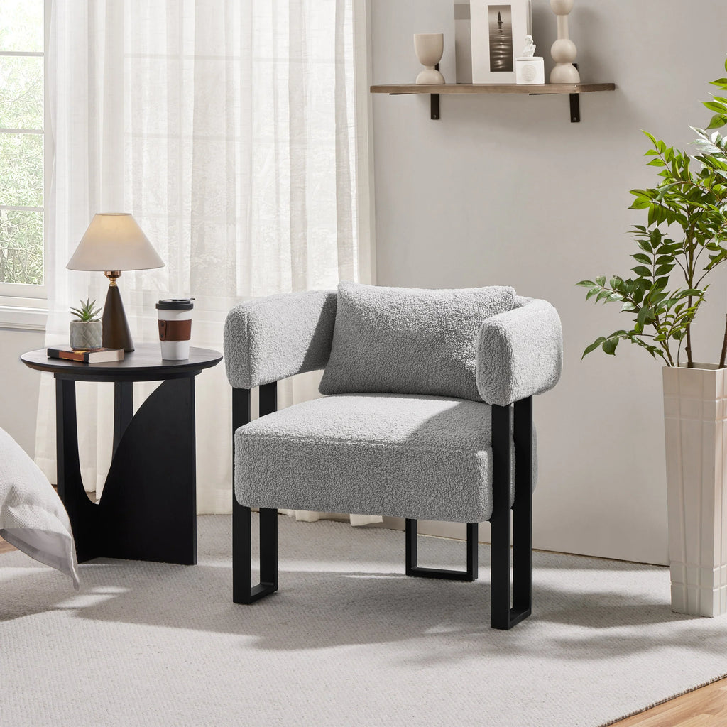 Costoffs Boucle Accent Chair Upholstered Armchair Vanity Chair with throw pillow & Adjustable Feet for Living Room/Bedroom/Home/Office/Small Space, White/Grey House Of Avana