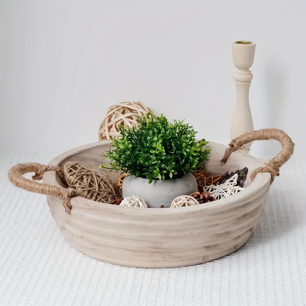 Paulownia Wood Decorative Bowl 11.2 Inch with Rope Handle, front view - House Of Avana