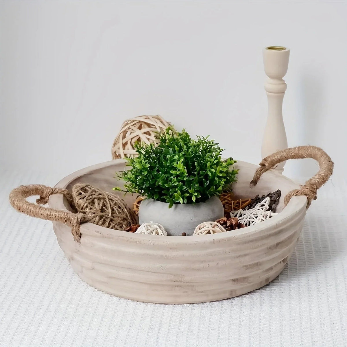 Paulownia Wood Decorative Bowl 11.2 Inch with Rope Handle, front view - House Of Avana [[SKU:HOA-TWR-004]]