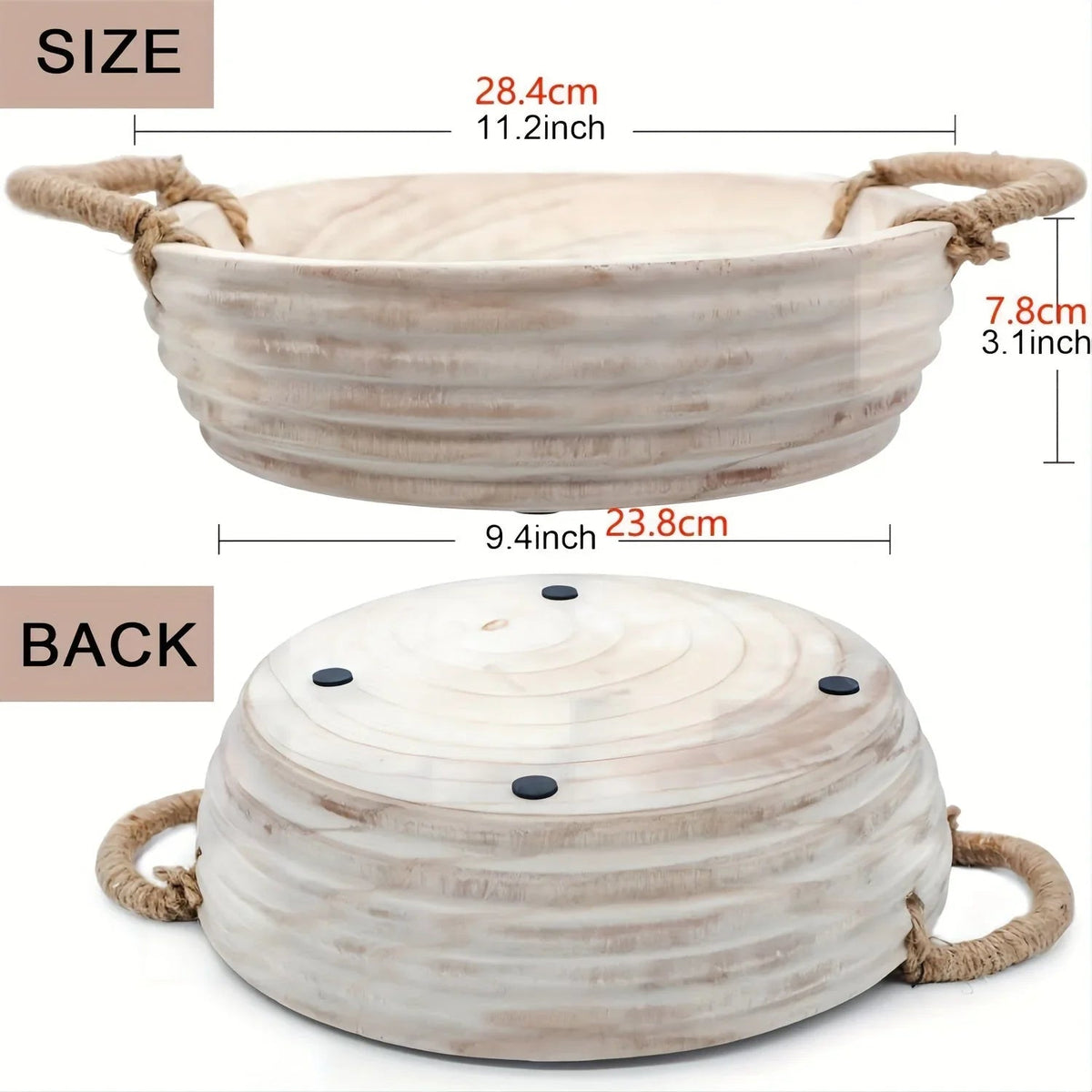 Paulownia Wood Decorative Bowl 11.2 Inch with Rope Handle, side view - House Of Avana [[SKU:HOA-TWR-004]]