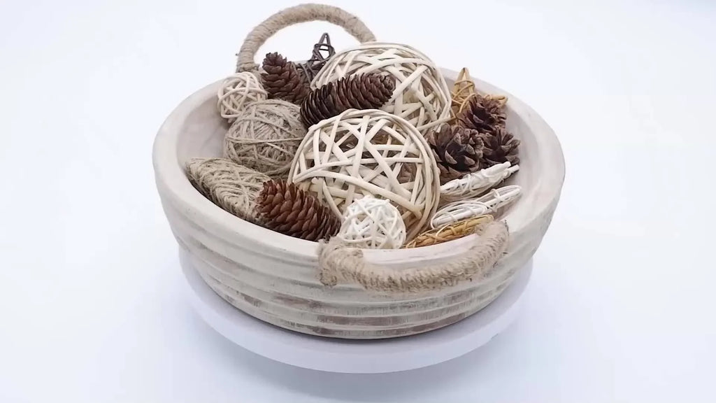 Paulownia Wood Decorative Bowl 11.2 Inch with Rope Handle, angled view - House Of Avana