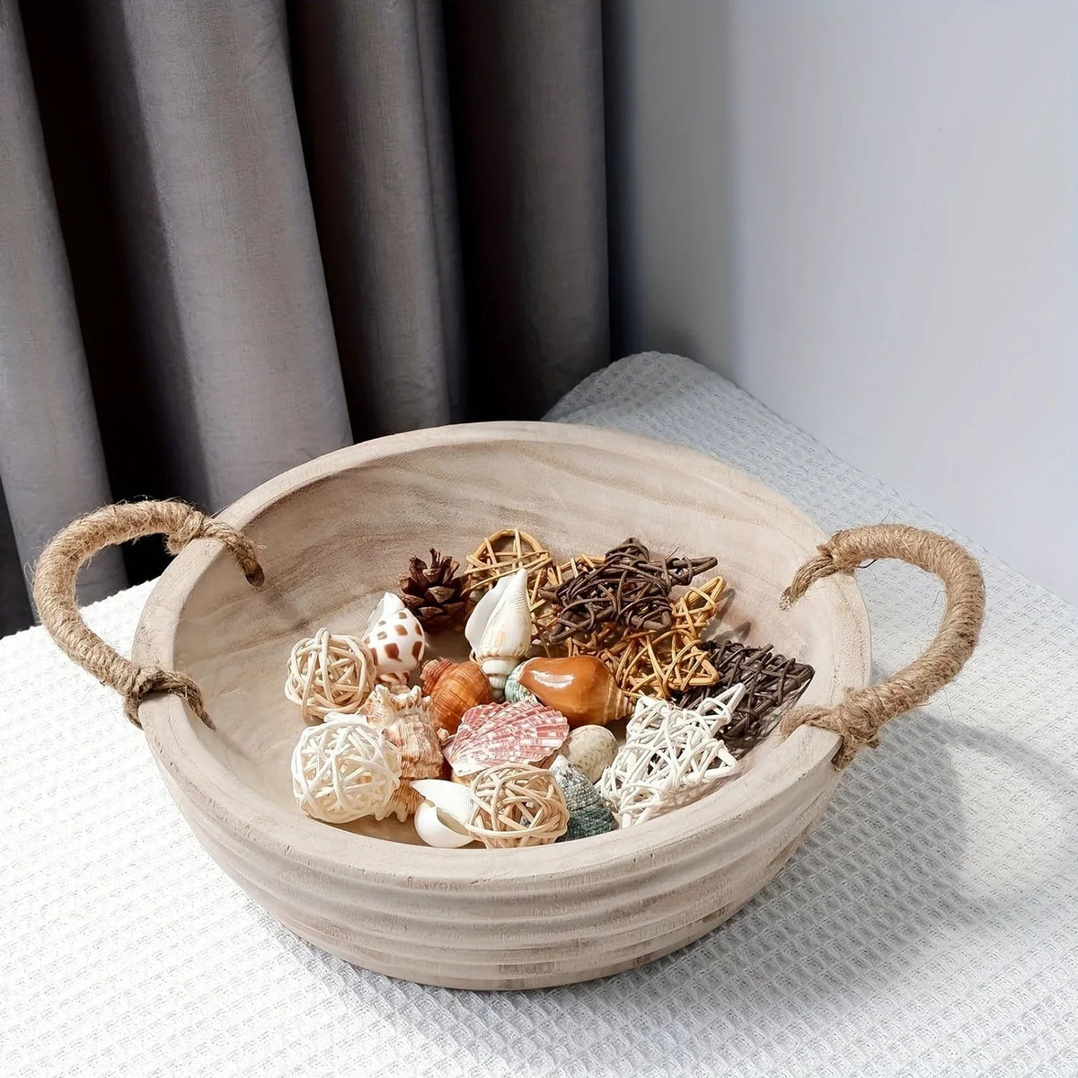 Paulownia Wood Decorative Bowl 11.2 Inch with Rope Handle, angled view - House Of Avana [[SKU:HOA-TWR-004]]