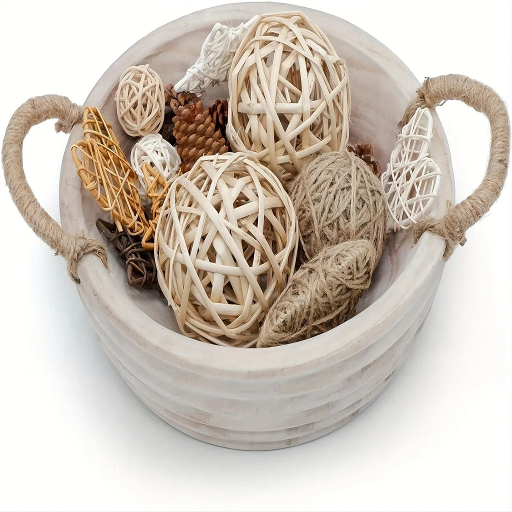 Paulownia Wood Decorative Bowl 11.2 Inch with Rope Handle, back view - House Of Avana