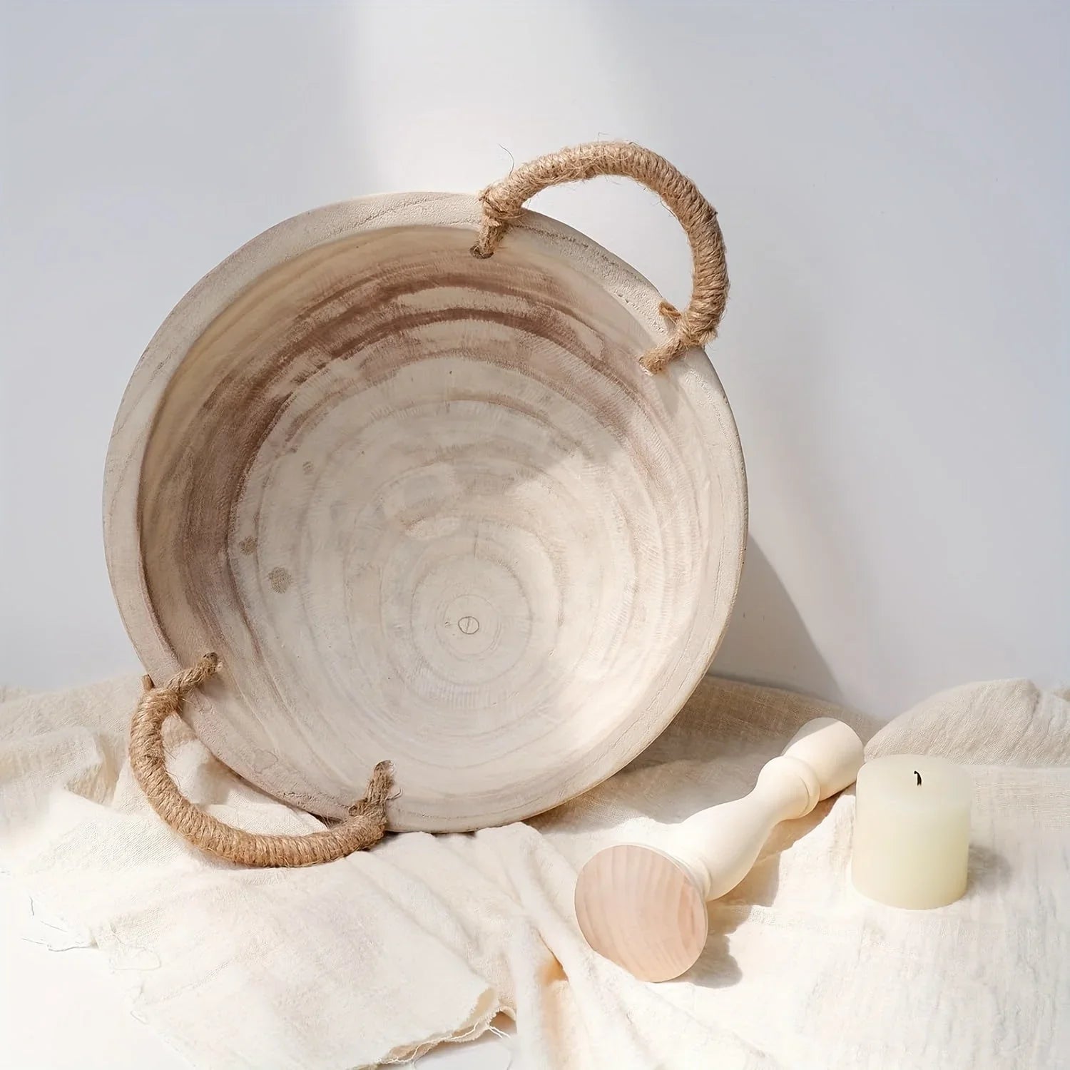 Paulownia Wood Decorative Bowl 11.2 Inch with Rope Handle, top view - House Of Avana