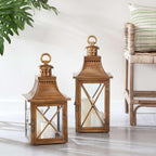 Antique Brass Lantern with Crossbar Glass and Hanging Ring - House Of Avana