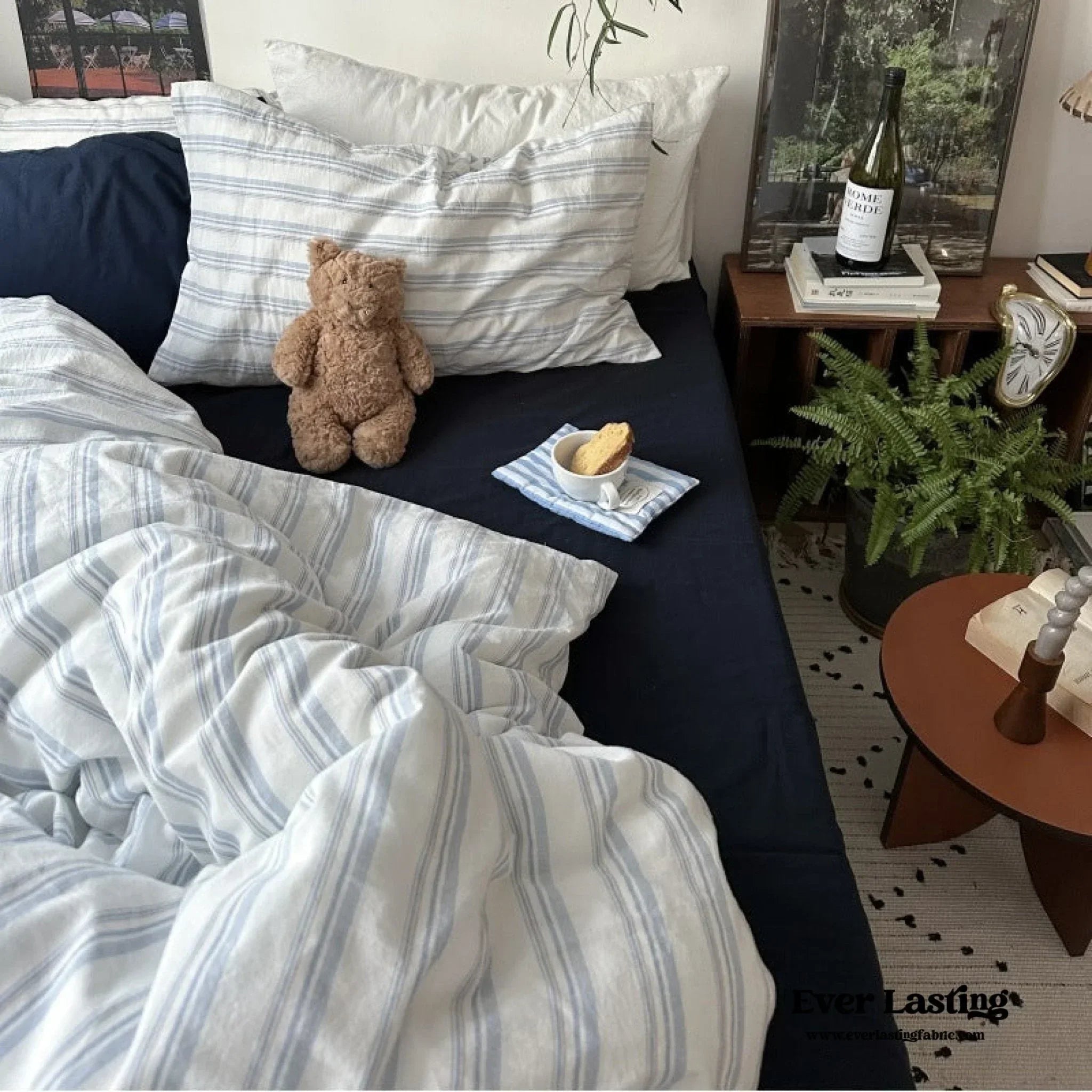 Breezy Stripe Washed Cotton Blue Bedding Set Ever Lasting